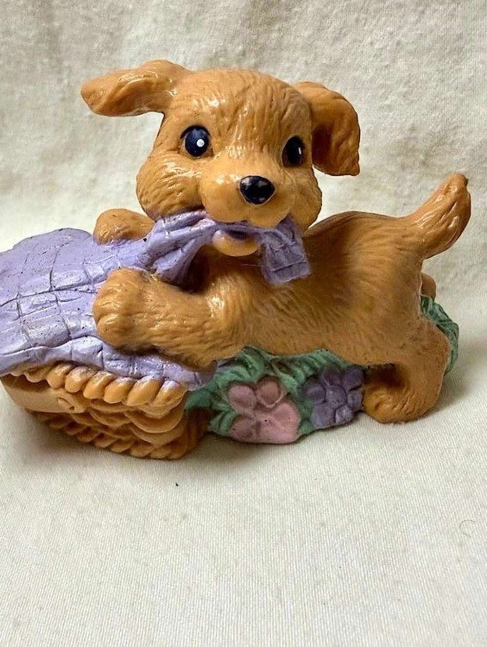 Vintage PVC Puppy Dog in Basket Figurine Playful Tan Pup with Purple Blanket